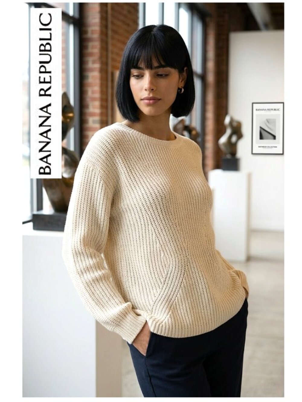 BANANA REPUBLIC - 100% cotton cream chunky pullover knitted sweater - Picture 2 of 13